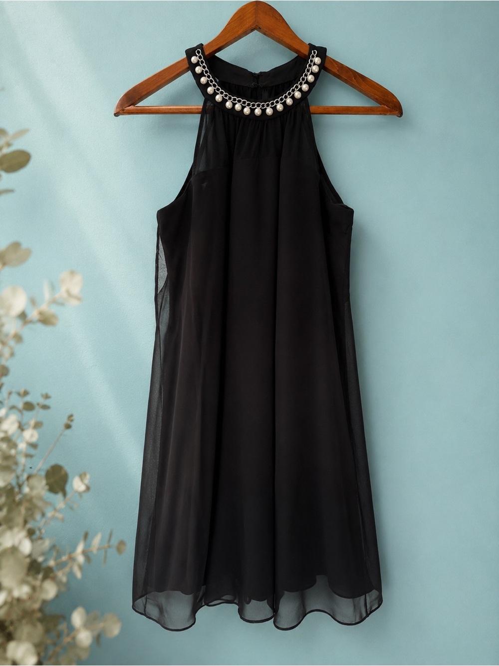 Scarlett Black Chiffon Shift Dress Pearl Chain Embellished Neckline Sleeveless